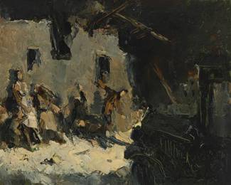 1067
Sergei Bongart
1918-1985
Figures illuminated by truck headlights, Munich, 1947
Oil on board
Signed, inscribed, and dated verso: Sergei Bongart / "München 1947"; indistinctly inscribed in Cyrillic, verso
18.5" H x 23.5" W
Estimate: $600 - $800