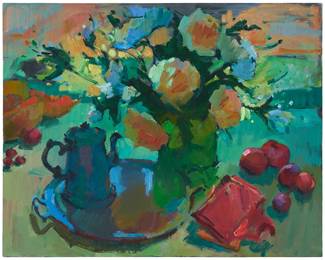 1114
Sergei Bongart
1918-1985
Still life with pitcher, serving tray, and bouquet
Oil on canvas
Unsigned
24" H x 30" W
Estimate: $700 - $900