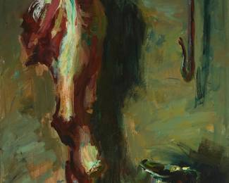 1077
Sergei Bongart
1918-1985
Butcher still life
Oil on Masonite
Signed upper left: Sergei Bongart; inscribed indistinctly in Cyrillic verso
40" H x 30" W
Estimate: $700 - $1,000