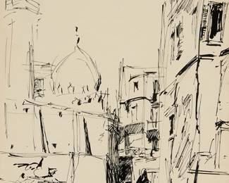 1166
Sergei Bongart
1918-1985
"Cairo"
Ink on paper
Signed and titled in ink upper left: Sergei Bongart, inscribed indistinctly in Arabic and in ink, upper left
Sight: 16.5" H x 13.25" W
Estimate: $200 - $300