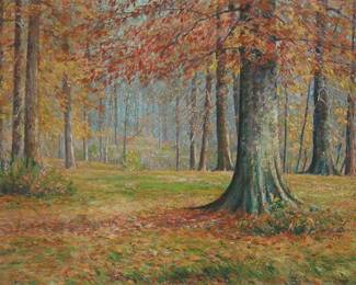 1013
William Thomas Turman
1867-1960
Forest in autumn
Oil on board
Signed lower right: W.T. Turman
23" H x 31" W
Estimate: $500 - $700
