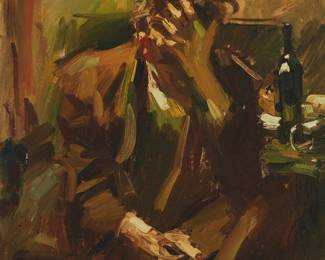 1062
Sergei Bongart
1918-1985
Abstract portrait of a man
Oil on Masonite
Signed upper right: S. Bongart; inscribed indistinctly in pencil, possibly in Cyrillic, verso
31.5" H x 26.25" W
Estimate: $500 - $700