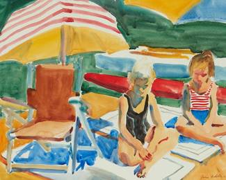1159
June Felter
1919-2019
"Children and Umbrellas," 1963
Watercolor, gouache, and graphite on paper
Signed and dated in pencil lower right: June Felter 63; titled on a gallery label affixed to the frame's backing paper
Sight: 16.75" H x 23" W
Estimate: $400 - $600