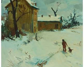 1094
Sergei Bongart
1918-1985
Winter scene with a boy and dog
Oil on Masonite
Unsigned
24" H x 20" W
Estimate: $400 - $600
