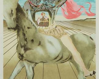 1195
Salvador Dali
1904-1989
"Chevalier Surrealist"
Lithograph in colors on Japanese paper
Edition: 25/300
Signed and numbered in pencil in the lower margin: Dali
Image: 22.5" H x 18" W; Sight: 27" H x 19.5" W
Estimate: $800 - $1,200