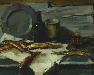 1076
Sergei Bongart
1918-1985
"Still Life in Gray," 1960
Oil on canvas
Signed and indistinctly inscribed lower right: Sergei Bongart; titled in ink on the upper stretcher bar; dated "August 1960" in Cyrillic, in red ink, on the left stretcher bar
28" H x 40" W
Estimate: $1,000 - $1,500