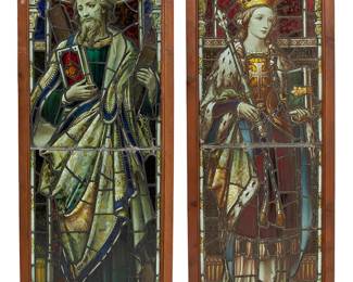 1508
19th century
A pair of Continental leaded glass panels
The painted glass images, one possibly depicting Saint Andrew holding a book and standing by an X-form cross, the other possibly depicting St. Margaret, Queen of Scots, donning a crown and holding a scepter and a book, each set in a wood frame, 2 pieces
Larger: 67.25" H x 29.25" W x 1.875" D; Smaller: 67" H x 27.5" W x 1.875" D
Estimate: $600 - $800