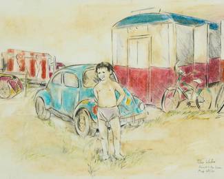 1169
Peter Richard Walker
b. 1946
Boy standing near old cars, 1977
Graphite and crayon on paper
Signed, dated, and inscribed lower right: Peter Walker / Forest City, Iowa / May 28 / 77
Sheet: 15.5" H x 21" W
Estimate: $300 - $500