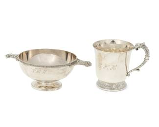 1319
1984/85
An Asprey sterling silver quaich and christening mug
Each with Asprey maker's mark and hallmarks for sterling and London; additionally marked: Asprey / London; one date marked for 1984, the other for 1985
Each with chased accents depicting Celtic motifs, comprising a Scottish quaich footed drinking bowl with opposed handles, and a footed christening mug with zoomorphic handle, personalized, 2 pieces
Bowl: 2.5" H x 7" W x 4.625" D; Mug: 3.625" H x 4.125" W x 3" D
11.6 oz. troy approximately
Estimate: $400 - $600