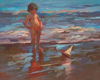 1158
Dan McCaw
b. 1942
"Child and Toy Boat at Beach"
Oil on Masonite
Signed lower right: D. McCaw; titled on two labels affixed verso
20" H x 24" W
Estimate: $700 - $900