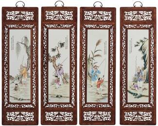 1387
20th century
Four Chinese polychrome porcelain plaques
Each bearing Kanji characters at upper left or right
The painted porcelain plaques, each depicting scenes of fishermen, with pierced wood border and upper and lower panels depicting foliate motifs, each set in a carved wood frame with metal upper handle, 4 pieces
Each overall: 47" H x 14.5" W x 1" D
Estimate: $300 - $500