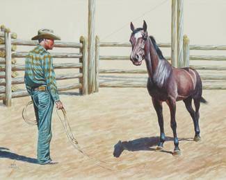 1129
Daniel Muller
1888-1977
"Matching Wits"
Watercolor on paper
Signed lower left: Dan Muller; titled on an information sheet affixed to the frame's backing paper
Sight: 17" H x 22" W
Estimate: $200 - $300