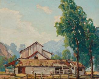 1030
Joseph Frey
1892-1977
Barn in a landscape
Oil on burlap
Signed lower left: Joseph Frey; signed again and dated "1939," verso
20" H x 24" W
Estimate: $700 - $900