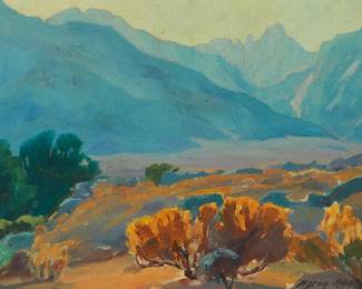 1001
Aaron Kilpatrick
1872-1953
"The Golden Bush"
Oil on panel
Signed lower right: Aaron Kilpatrick; titled and numbered "574," verso
12" H x 16" W
Estimate: $500 - $700