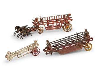 1433
Late 19th/early 20th century
A group of three cast iron firemen toys
Each unmarked
Comprising three variations of horse-drawn hook & ladder fire wagons, one with its appropriate three horses, another accompanied by two firemen drivers, and a white and polychrome wagon, 3 pieces
Largest: 7" H x 25.25" W x 4" D; Smallest: 4.75" H x 12.25" W x 3.25" D
Estimate: $100 - $200