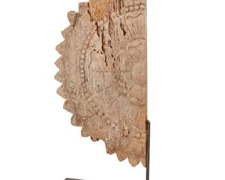 1408
18th century or later
A Southeast Asian carved wood fragment
The carved wood half-medallion with floral motif centering a sawtooth edge, with custom ebonized stand
Wood: 23.5" H x 11.75" W x 1.75" D; Overall: 27.75" H x 12.5" W x 4.5" D
Estimate: $200 - $400