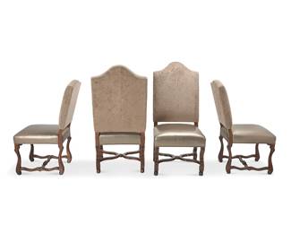 1489
20th century
Four Louis XIII-style side chairs
Each unmarked
The wood high-back chairs with seat back upholstered in high pile mauve velvet above a seat cushion upholstered in silver faux reptile skin, comprising two chairs set into a Louis XIII-style carved wood carcass raised on curvilinear legs and an H-stretcher, and two larger chairs set in a French Baronial carcass with scrolled arms and legs joined by a modified X-stretcher, 4 pieces
Larger: 49.5" H x 23" W x 29" D; Smaller: 42.25" H x 18.75" W x 27.5" D
Estimate: $400 - $600