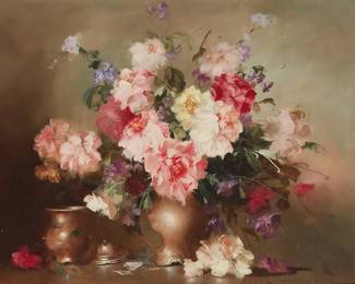 1115
Endre Kompoczy Balogh
1911-1977
Still life with peonies
Oil on canvas
Signed lower right: Endre Kompoczy Balogh; inscribed "A3675" in ink, and with the copyright ink stamp, both verso
24" H x 30" W
Estimate: $200 - $300