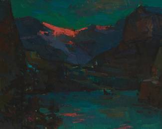 1021
Patricia LeGrande
1941-2024
Mountainous landscape, circa 1974
Oil on canvas
Unsigned; inscribed, including a date of "1974," in pencil, possibly in Cyrillic, on the stretcher bar
24" H x 26" W
Estimate: $500 - $700
