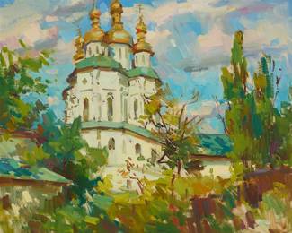1084
Sergei Bongart
1918-1985
Orthodox church, 1981
Oil on canvas
Unsigned; dated and inscribed indistinctly in Cyrillic on the stretcher: 1981
26" H x 30" W
Estimate: $600 - $800