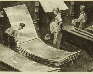 1229
Minna Citron
1896-1991
"Sheet Aluminum," 1940
Lithograph on paper
From the edition of 20
Signed, dated, and inscribed in pencil in the lower margin, at right: "Minna Citron S.A.E / 1907 / ed. 20 litho."
Image: 11" H x 15" W; Sight: 11.5" H x 15.5" W
Estimate: $400 - $600