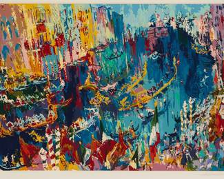 1219
LeRoy Neiman
1921-2012
"Venice Gondliers," 1975
Screenprint in colors on paper
Edition: 200/300
Signed and numbered in pencil in the lower margin: LeRoy Neiman; Styria Studio, New York, NY, prntr., and with their blindstamp in the lower left margin corner
Image: 26" H x 36" W; Sight: 28.5" H x 37.5" W
Estimate: $1,000 - $2,000