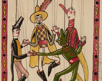 1271
René d'Harnoncourt
1901-1968
Marionettes
Watercolor and ink on paper
Initialed in ink in the lower left corner of the image: RH; signed in pencil along the lower portion of the right margin: René d'Harnoncourt; inscribed in pencil in the lower margin, at right: "To Mr. Fred Davis with my very best wishes"
Sheet: 8.625" H x 8.625" W
Estimate: $200 - $300