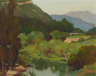 1009
Louise Burnham
Late 19th/Early 20th century
"View of the Arroyo, with Holly Street bridge," circa 1920s
Oil on canvas
Signed lower right: Burnham; titled on a label affixed to the frame's backing paper
16" H x 20" W
Estimate: $500 - $700

