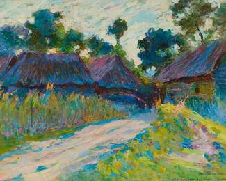 1190
Anatoly Petrovich Krisochenko
1916-1998
Ukrainian cottages in Summer, 1974
Oil and oil pastel on board
Signed, dated, and indistinctly inscribed in Cyrillic, lower right: A. Krisochenko 74 r
27.5" H x 19.5" W
Estimate: $400 - $600