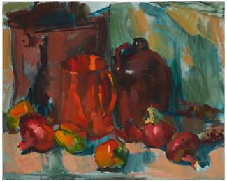 1078
Sergei Bongart
1918-1985
Still life with onions and bell peppers
Oil on canvas
Appears unsigned
24" H x 30" W
Estimate: $600 - $800