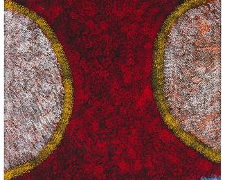 1255
Janet Golder Kgnwarreye
b. 1975
"Bush Seeds"
Acrylic on canvas
Signed verso: Janet Golder; titled on a label affixed to verso; inscribed verso: "WGB 107"
56" H x 34" W
Estimate: $600 - $800