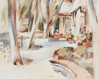 1122
Rex Brandt
1914-2000
"Paseo Delicias," 1969
Watercolor and ink on paper
Signed, titled, dated 7-27-69, and further inscribed "...looking towards the Two Goats shop," all in pencil in the lower left quadrant: Rex Brandt
Sight: 19.75" H x 13.5" W
Estimate: $300 - $500
