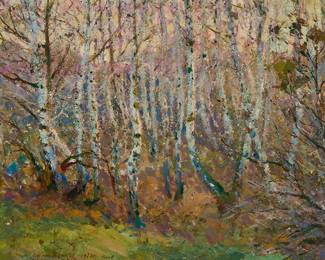 1192
Anatoly Petrovich Krisochenko
1916-1998
Birch trees, Kiev, 1979
Oil on board
Signed, inscribed, and dated lower left: A. Krisochenko 1979 r Kiev (in Cyrillic letters)
19.75" H x 27.5" W
Estimate: $300 - $500