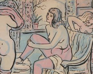 1226
Isaac Muse
1906-1996
"At the Ski Lodge"
Screenprint in colors on paper
Signed in the image in the lower edge, at left: Muse; titled in pencil in the lower left margin corner
Image: 14" H x 19" W; Sheet: 18" H x 22.5" W
Estimate: $200 - $300