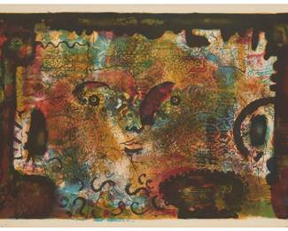 1224
20th Century Latin American School
"King"
Screenprint in colors on paper
Edition: 25/150
Signed indistinctly and numbered in pencil in the lower margin; titled in pencil at the center of the lower margin edge
Plate: 13.375" H x 20.75" W; Sight: 14.25" H x 21.5" W
Estimate: $200 - $300