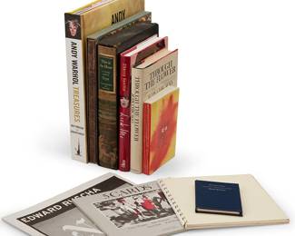 1513
20th century
An assembled group of art books
Judy Chicago and Cherry Vanilla with signed gift inscriptions from the artist; Joe Messinger signed to final page by the artist
Comprising hardcover or ring-bound books and pamphlets from or about artists including Andy Warhol, Claes Oldenburg, Judy Chicago, Goya, Cherry Vanilla, David Hockney, Henry Miller, Joe Messinger, Ed Ruscha, and Larry Shapiro, 10 pieces
Largest: 12" H x 10.5" W x 1.75" D; Smallest: 4.375" H x 3.125" W x 0.375" D
Estimate: $200 - $400
