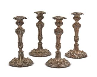 1362
1851
A set of Elkington & Co. silver-plated candlesticks
Each with Elkington & Co maker's marks and date marked for 1851; each numbered to bobèche interior: 2761
The Victorian candlesticks, each with elaborate scrollwork, removeable bobèche, and a weighted base, 4 pieces
Each: 10.25" H x 5" Dia.
Estimate: $500 - $700