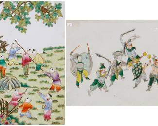 1384
20th century
Two Chinese Famille Verte polychrome porcelain plaques
The painted porcelain plaques, comprising one depicting young children playing, the other depicting fighting demons, each set in a wood frame, 2 pieces
Children sight: 16.5" H x 10.5" W; Demons sight: 10" H x 12.375" W
Estimate: $400 - $600