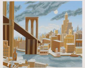 1221
Thomas McKnight
b. 1941
"Brooklyn Bridge"
Screenprint in colors on paper
Edition: PP 7/26
Signed in pencil in the lower margin, at right: McKnight; signed again, numbered, and inscribed in pencil in the lower margin, at left: "To Rita Best Wishes, Tom McKnight"
Image: 24" H x 28" W; Sight: 26" H x 30" W
Estimate: $500 - $700