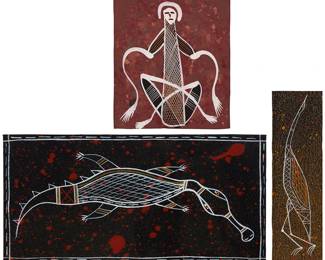 1267
Contemporary Aboriginal works
Three works:

Sidney Watts (20th/21st century)
"Crocodile," 2006
Acrylic on canvas
Signed, titled, dated, and inscribed, verso: Sidney Watts / 2006 / "Katherine NT"
12" H x 6" W

Edward Blitner (b. 1961)
"Rock Spirit"
Acrylic on canvas
Signed and titled verso: E Blitner
10" H x 8" W

Sidney Watts (20th/21st century)
"Brolga," 2004
Acrylic on canvas
Signed, titled, and dated verso: Sidney Watts / 2004
Estimate: $200 - $300