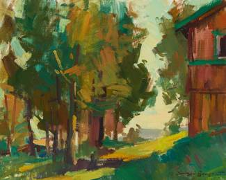 1081
Sergei Bongart
1918-1985
Barn landscape
Oil on linen
Signed lower right: Sergei Bongart
24" H x 30" W
Estimate: $800 - $1,200
