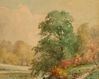 1011
Junius Ralston Sloan
1827-1900
"Studio Composition," 1885
Watercolor on paper
Signed and dated lower right: Junius R. Sloan '85; titled and numbered "#70" in ink, presumably in another hand, on a label affixed to the frame's backing paper
Sight: 8" H x 6" W
Estimate: $400 - $600