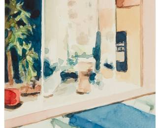 1184
Tom Fabritius
b. 1972
Window sill with city view, 2003
Watercolor on paper
Signed and dated in pencil on the verso of the lower edge, at center: Tom Fabritius 2003
Image/Sheet: 4.75" H x 4.75" W
Estimate: $400 - $600