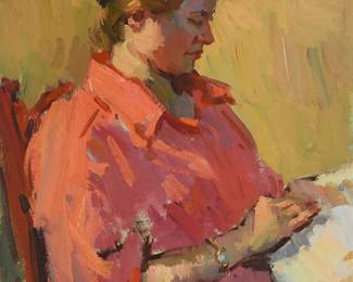 1061
Sergei Bongart
1918-1985
Woman reading
Oil on canvas
Unsigned; inscribed indistinctly in blue ink on the canvas overlap, verso
30" H x 26" W
Estimate: $600 - $800