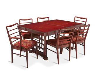 1470
Mid-20th century
A Thomasville Chair Company dining set
Table with Thomasville Chair Company paper label to underside and stamped: Chicago Furn Co; further stamped: Fresno Calif
Comprising an extendable trestle table with folding tabletop protector pad and six ladder-back chairs, each seat cushion upholstered with floral pattern on red ground, 7 pieces
Table: 29.625" H x 60.25" W x 40.25" D; Each chair: 33" H x 19.5" W x 22" D
Estimate: $200 - $300