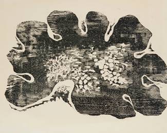 1244
Edith Jimenez
1918-2004
Untitled, abstract
Woodcut on paper
Edition: Artist Proof 6/25
Signed, numbered, and inscribed "Paraguayan" [and partly indistinct] in pencil in the lower margin, just below the image: Edith Jimenez
Sight: 22.5" H x 31.5" W
Estimate: $200 - $300