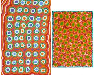 1254
Contemporary Aboriginal works
Two works:

Linda Ngitjanka (b. 1935)
"Water Holes at Alkipi"
Acrylic on canvas
Signed verso: Linda Ngitjanka; titled on a label affixed to the stretcher; inscribed verso: "WGD H4"
24" H x 38" W

Margaret Baragurra (b. circa 1943)
Untitled, 2007
Acrylic on canvas
Signed, dated, and inscribed verso: Margaret Baragurra 2007 / "WES 02"
27" H x 19" W
Estimate: $600 - $800