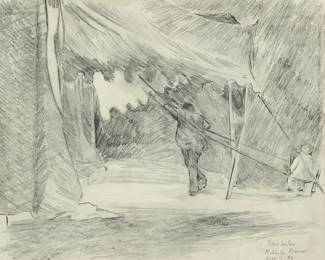 1168
Peter Richard Walker
b. 1946
Figures setting up a tent, 1976
Charcoal on paper
Signed, dated, and inscribed in pencil, lower right: "Peter Walker / Mehlville Missouri / Sept. 11 / 76"
Sheet: 14" H x 17" W
Estimate: $300 - $500