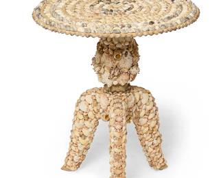 1499
Late 20th century
A Contemporary shell-encrusted occasional table
The wood pedestal table mounted with various shells, with a circular top and tripod base
28.75" H x 24.5" Dia.
Estimate: $400 - $600