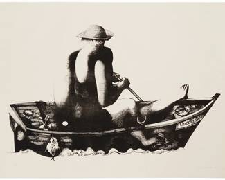 1232
Newton Rezende
1912-1994
"Boatman," 1972
Lithograph on paper
Edition: 35/60
Signed, dated, and numbered in pencil in the lower margin: Newton Rezende 72; titled on a label affixed to the frame's backing board
Sheet: 29" H x 39" W
Estimate: $50 - $100
